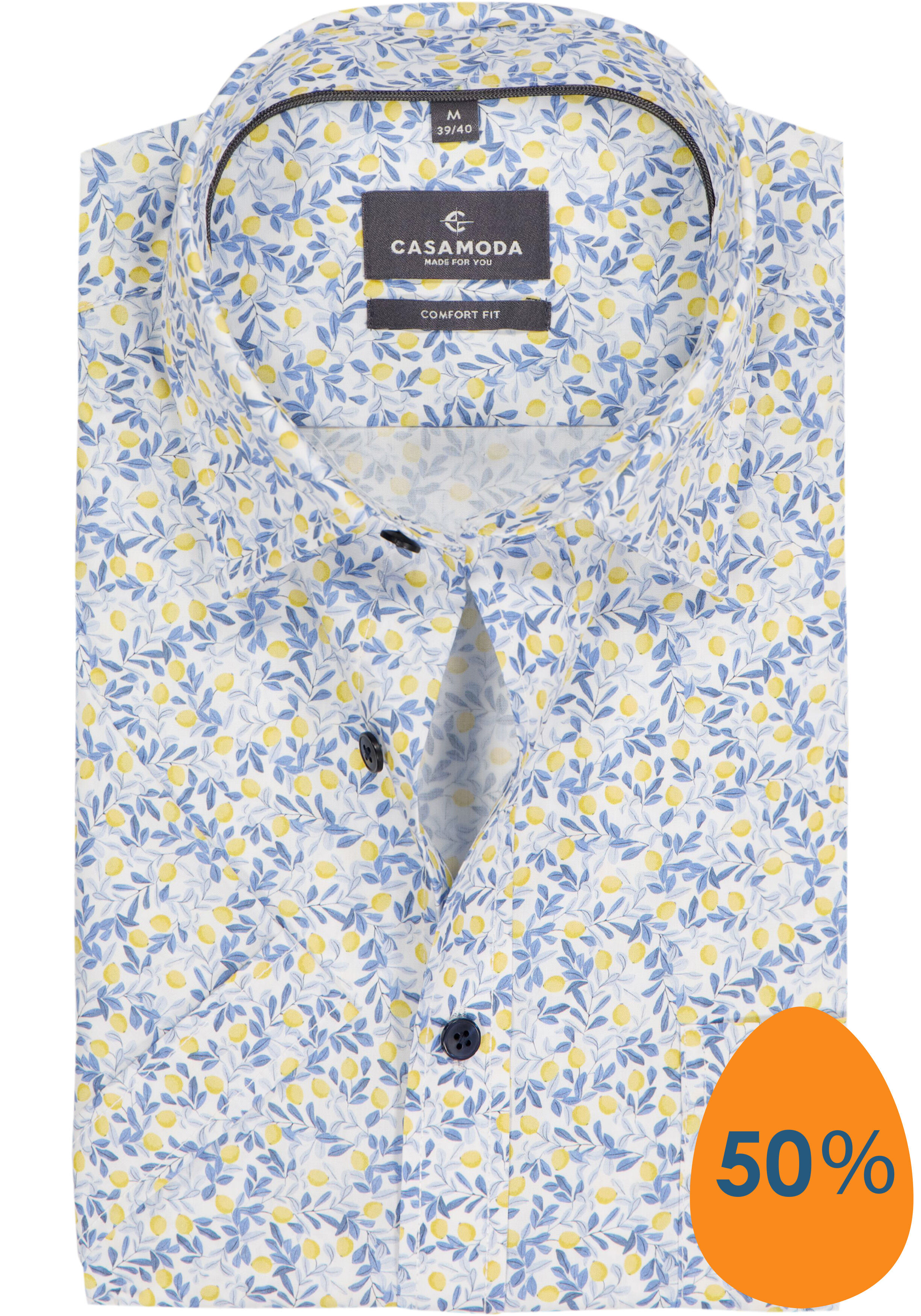 CASAMODA Sport comfort fit overhemd, korte mouw, popeline, wit met blauw en geel citroenen dessin